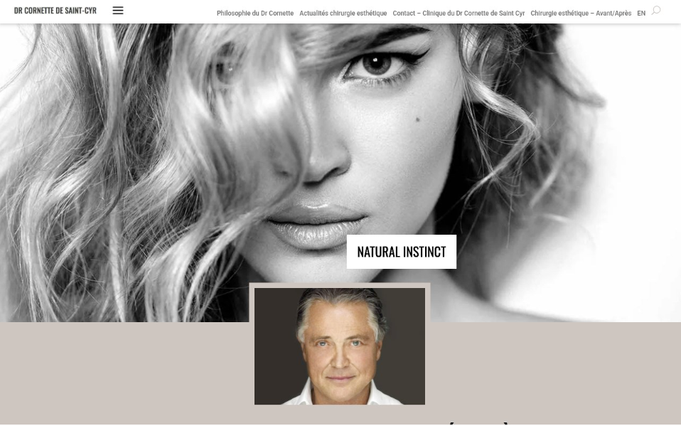 Gros plan en noir et blanc du visage d'une femme aux cheveux ondulés qui lui cachent partiellement un œil ; en dessous, un portrait en couleur d'un homme d'âge mûr aux cheveux gris, intitulé « Natural Instinct ».