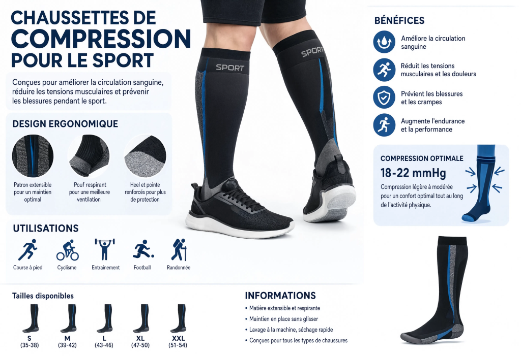 Infographie présentant les chaussettes de compression sportives, leur conception ergonomique, leurs utilisations, les tailles disponibles, leurs avantages et leur plage de compression optimale comprise entre 18 et 22 mmHg.