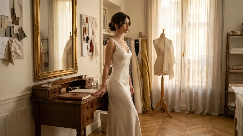 Femme en robe blanche dans un atelier de design avec mannequins