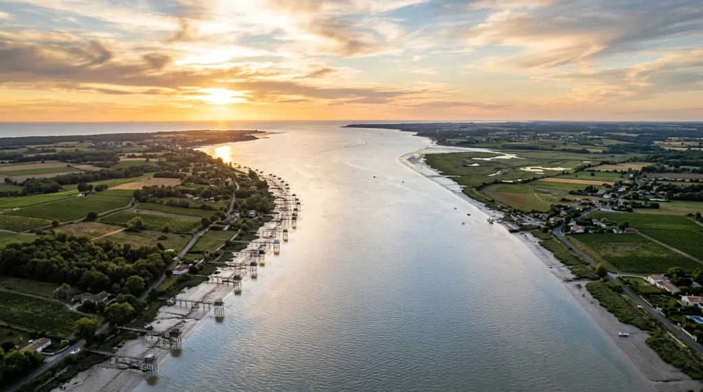 Vue aérienne d'une baie avec villages côtiers et terres agricoles