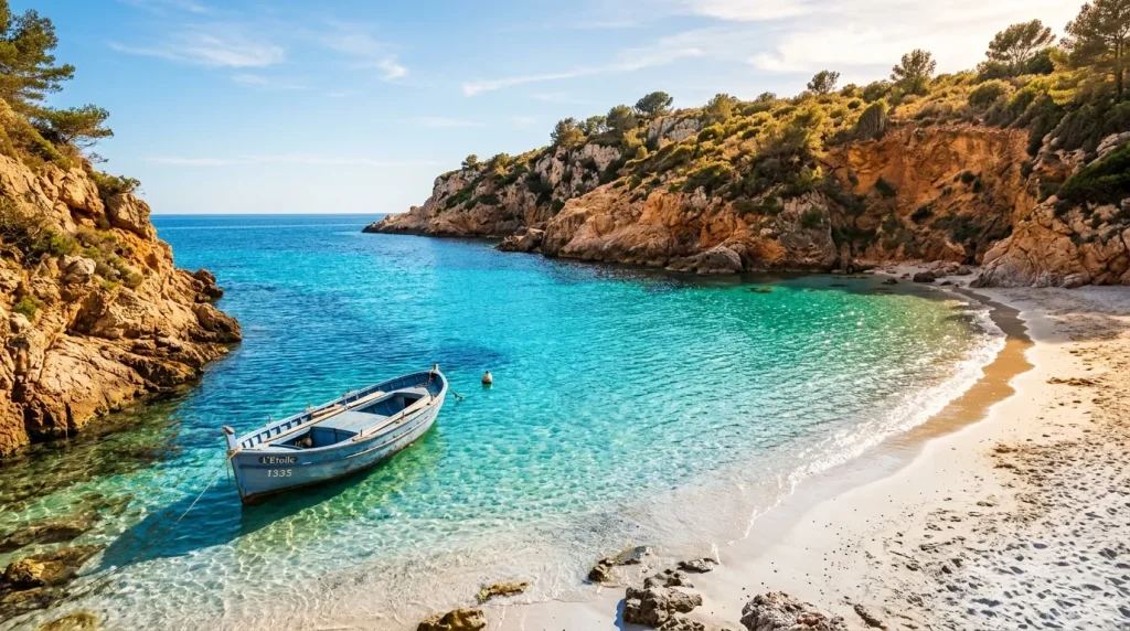 Petite barque bleue dans eau turquoise, plage de sable blanc, falaises rocheuses