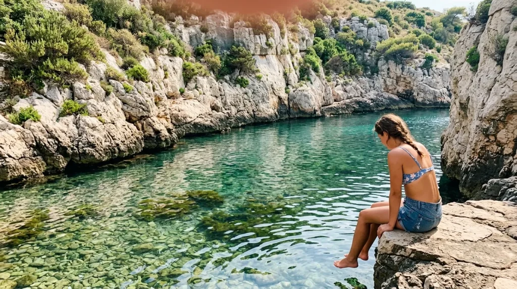 Jeune femme assise sur rocher face à crique turquoise entourée falaises