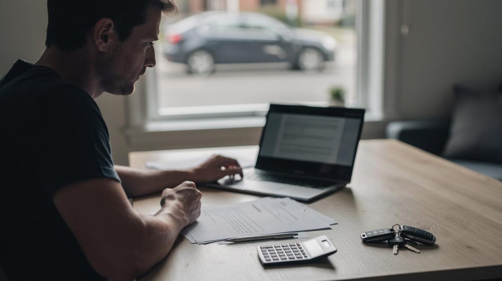 Une personne est assise à une table devant un ordinateur portable, avec des feuilles, une calculatrice, un stylo et des clés de voiture à côté d'elle, près d'une fenêtre d'où l'on aperçoit une voiture à l'extérieur.