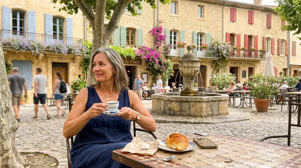 Femme dégustant un café sur une terrasse méditerranéenne pittoresque