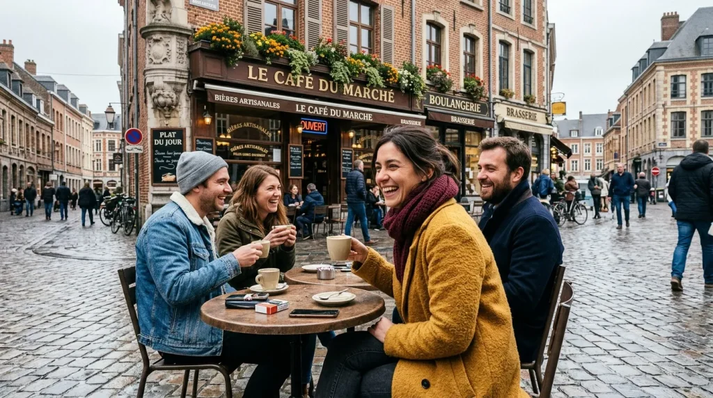 Quatre amis rient autour d'une table de café parisien