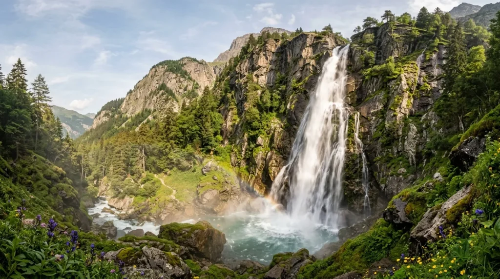 Puissante cascade dévalant falaise rocheuse en montagne alpine
