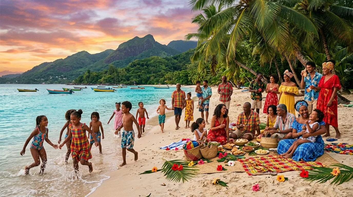 Communauté côtière en fête sur plage paradisiaque