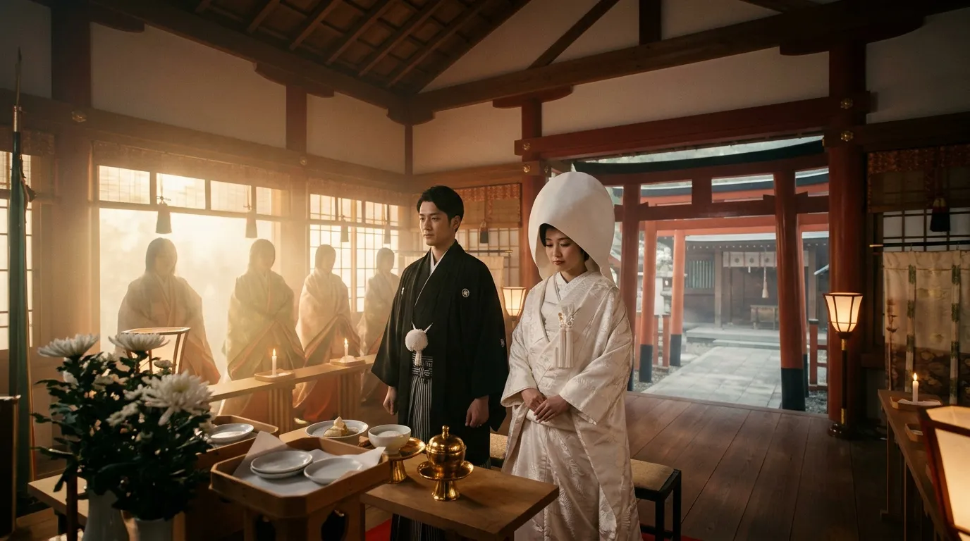 Couple en tenue traditionnelle japonaise lors d'une cérémonie