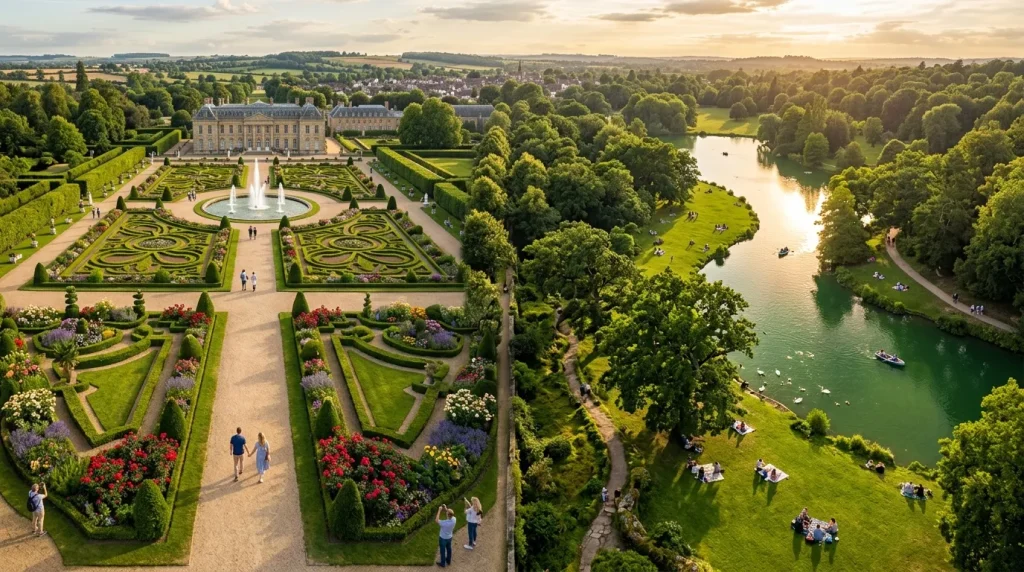 Vue aérienne d'un château avec jardins ornementaux et rivière.