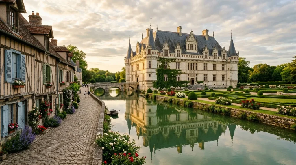 Château blanc avec tours reflété dans rivière calme