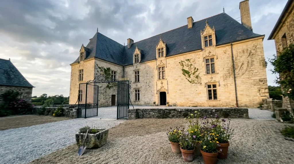 Façade de château en pierre avec portes noires et toits pointus