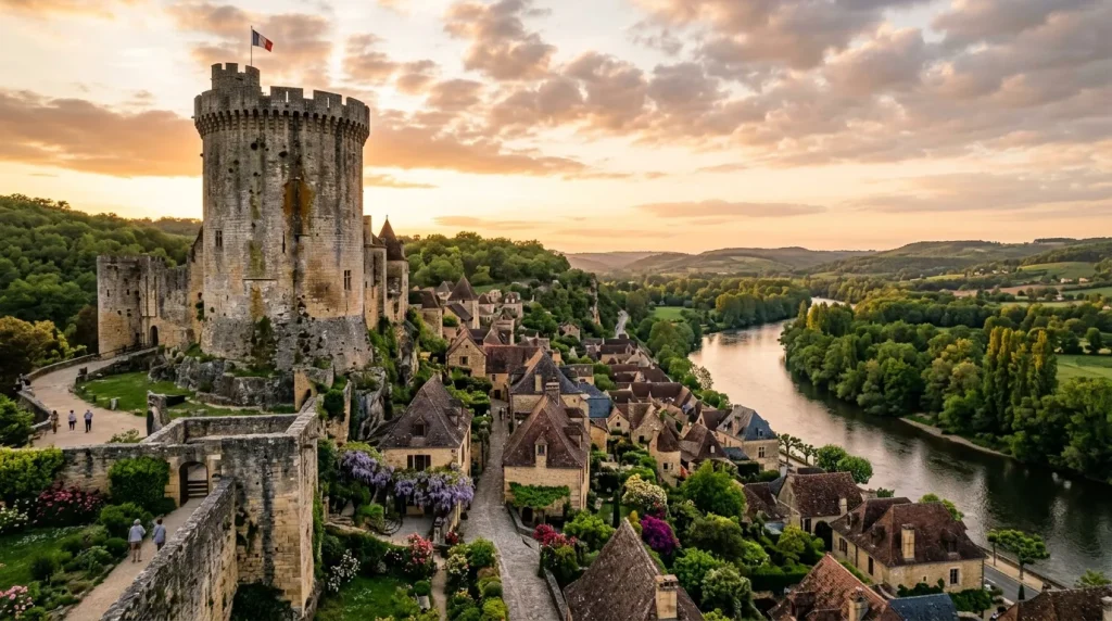 Château de pierre avec village médiéval au bord d'une rivière