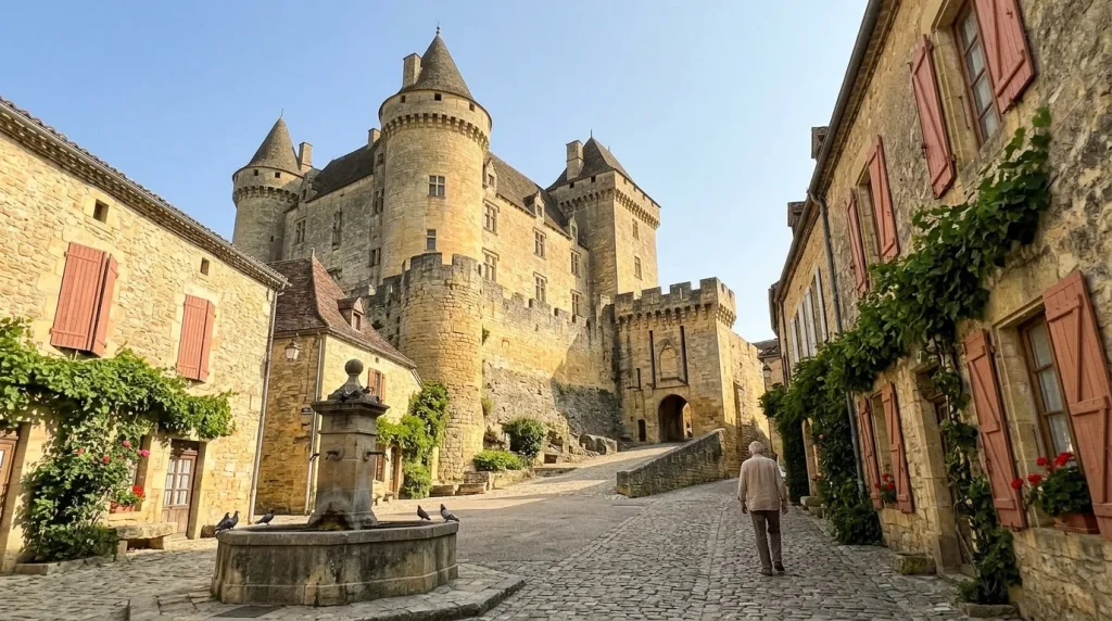 Rue pavée menant à un château avec tours et remparts.