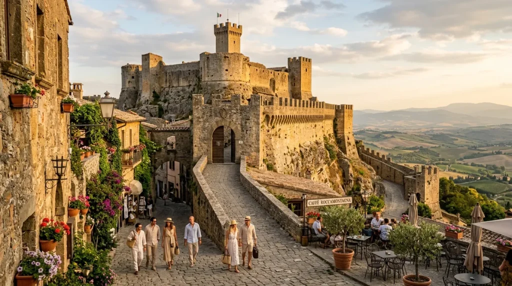Château médiéval avec tours, rues pavées, fleurs, touristes et paysage toscan