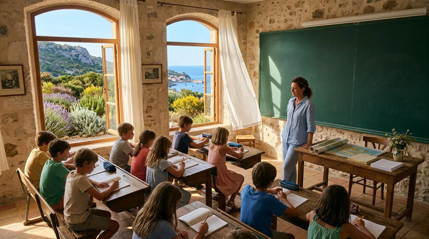 Enseignante et élèves dans une école avec vue sur la mer