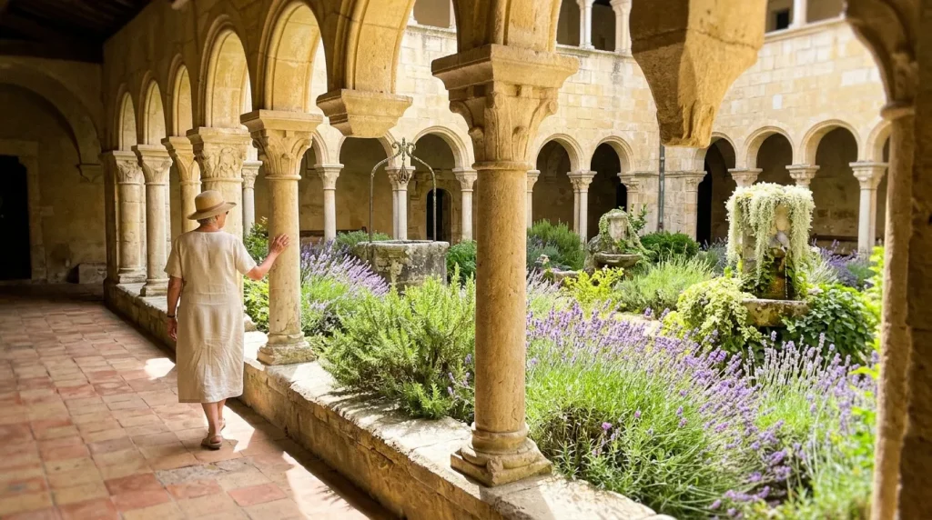 Femme dans cloître ancien entouré de lavande pourpre