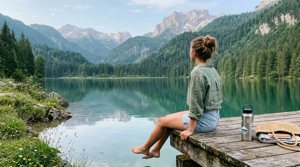 Femme assise sur un ponton face aux montagnes enneigées et lac turquoise