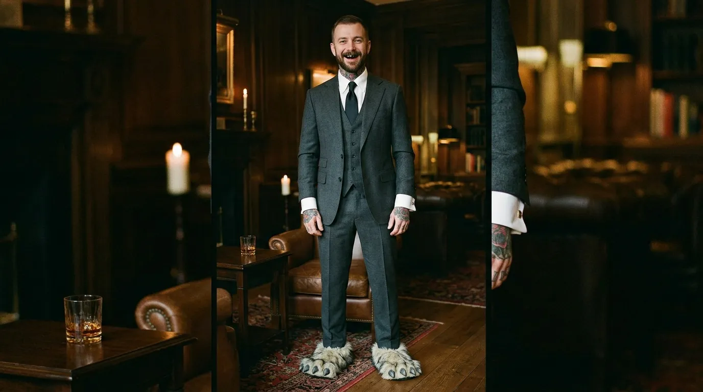Homme en costume gris avec des pieds de bête animale