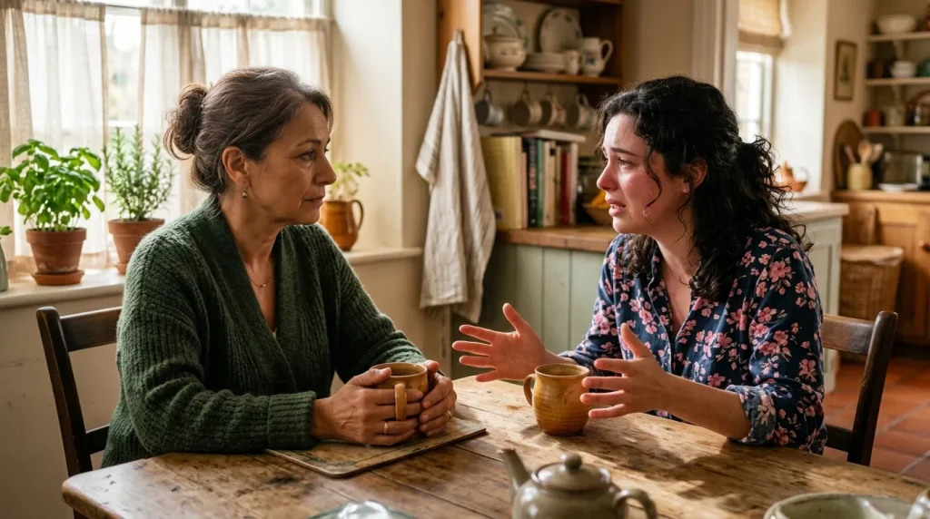 Deux femmes discutent autour d'une table avec des tasses de thé