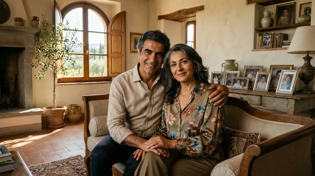 Deux personnes souriantes assisses ensemble dans un salon tuscand