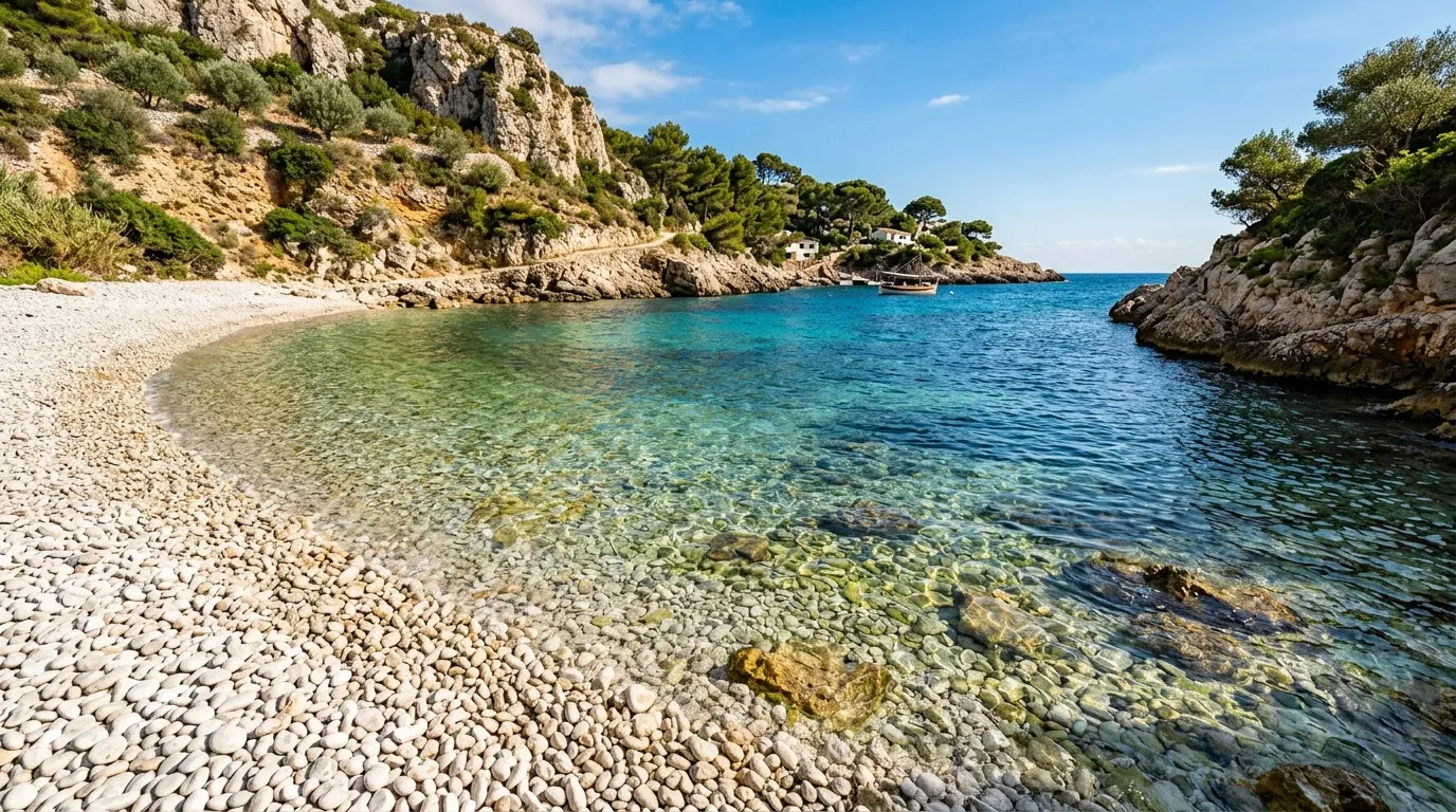 Plage de galets blancs, eau cristalline turquoise, falaises rocheuses méditerranéennes