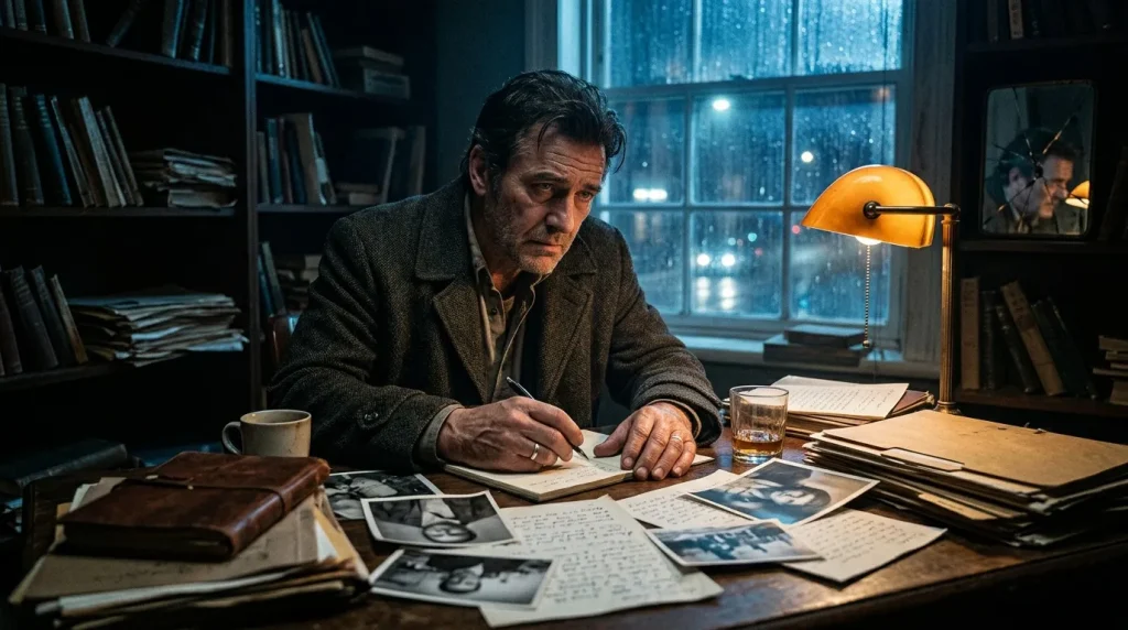 Homme écrivant à son bureau avec photos et documents.