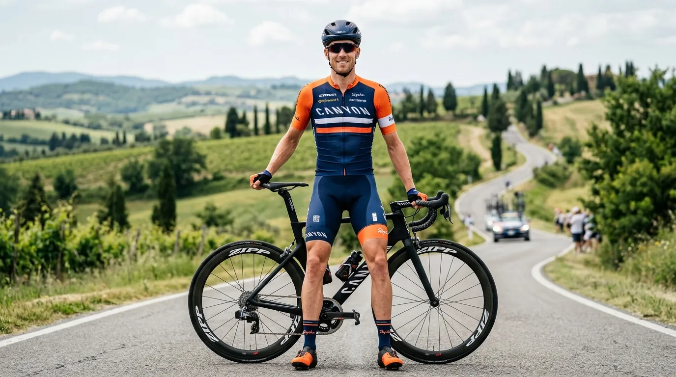 Cycliste Canyon posant avec son vélo sur route rurale