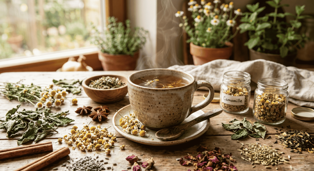 Une tasse de tisane fumante est posée sur une table en bois entourée d'herbes séchées, de fleurs de camomille, de pots d'épices et de plantes en pot dans une pièce éclairée par le soleil.