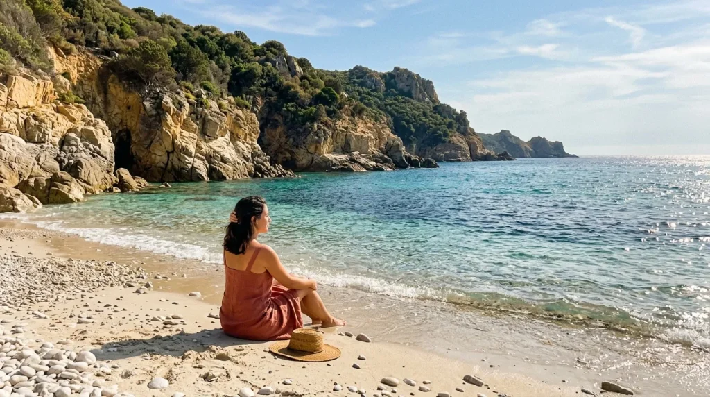 Femme assise sur plage rocheuse face à mer turquoise
