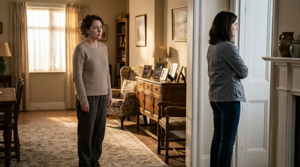 Deux femmes séparées dans un intérieur élégant et lumineux.