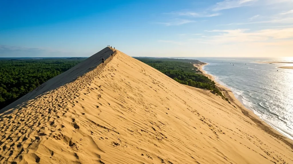 Vaste dune de sable doré face à l'océan et forêts