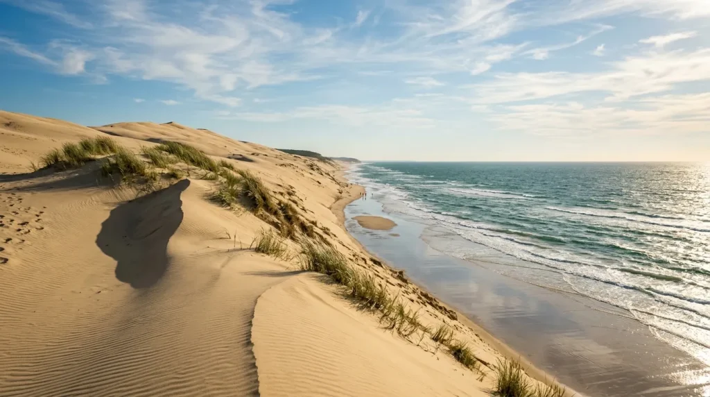 Dunes de sable avec herbes face à la mer turquoise
