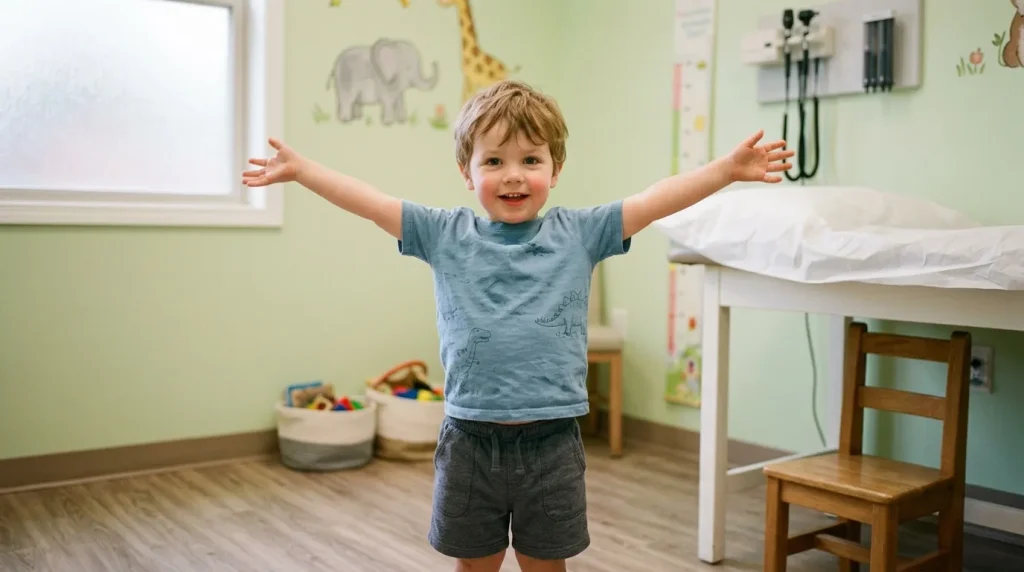 Petit garçon souriant les bras levés dans une chambre colorée