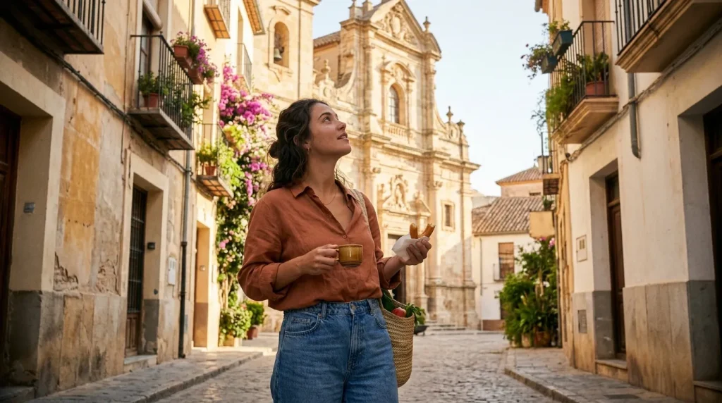 Femme explorant une rue pavée devant une église baroque