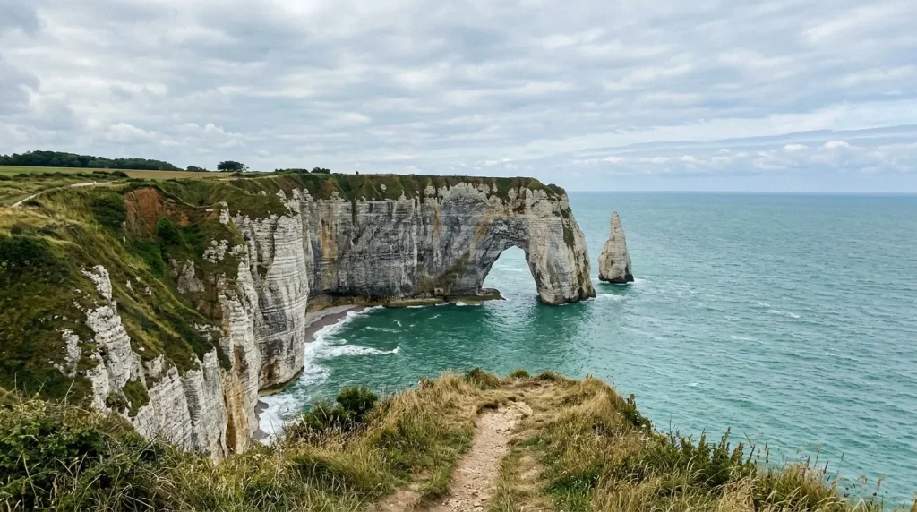 Falaises blanches calcaires avec arche naturelle surplombant la mer turquoise