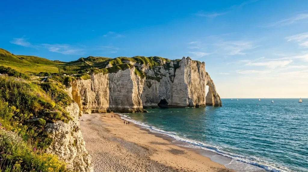 Falaises blanches surplombant plage et mer turquoise