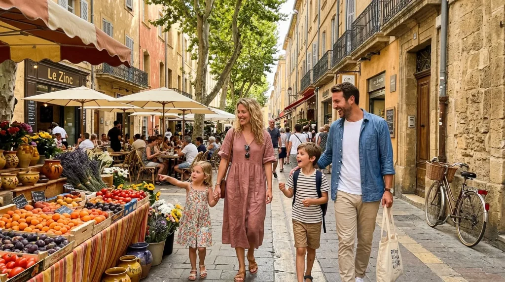 Famille marchant dans une rue pavée avec marché de fruits et terrasse.