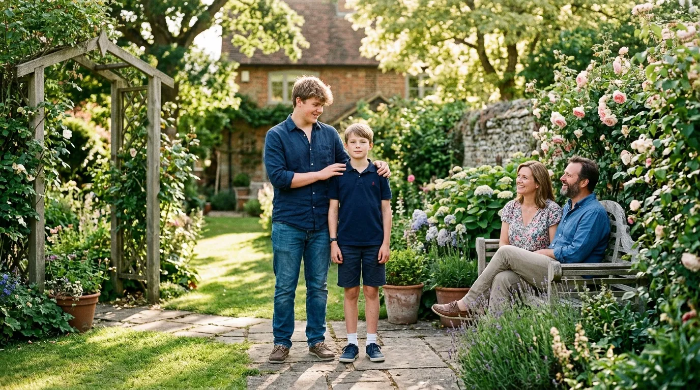 Famille de quatre personnes profitant ensemble d'un jardin anglais
