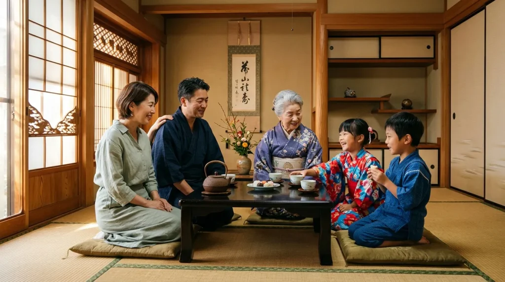 Famille multigénérationnelle en tenue traditionnelle partageant le thé