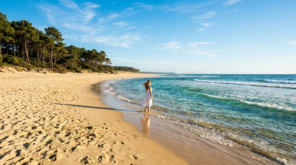 Femme en robe blanche marchant sur plage de sable fin