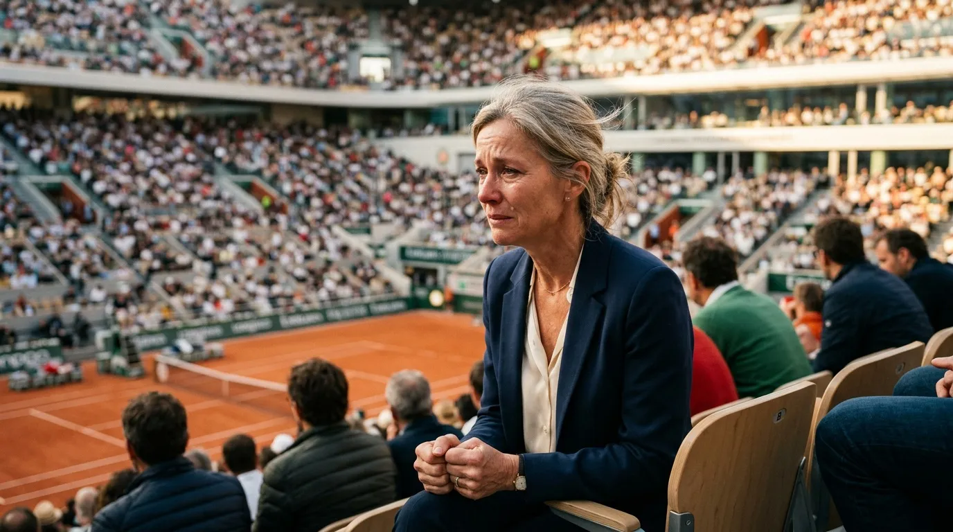 Femme en blazer bleu observant un court de tennis bondé