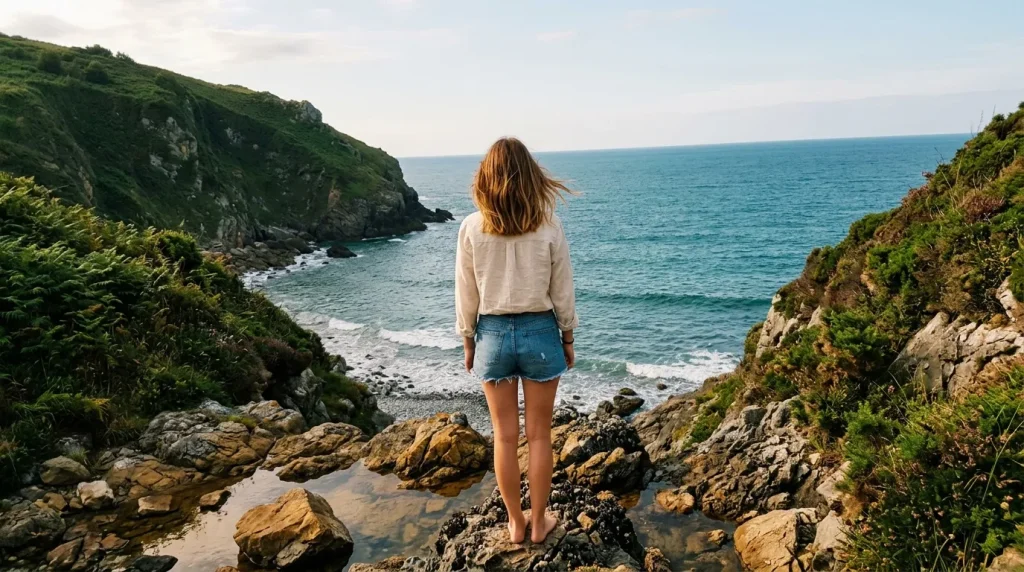 Jeune femme de dos face à la mer turquoise et falaises