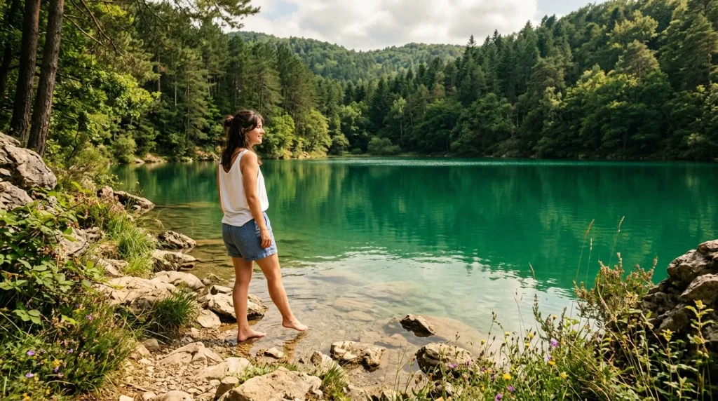 Femme en shorts regardant un lac turquoise entouré de forêts