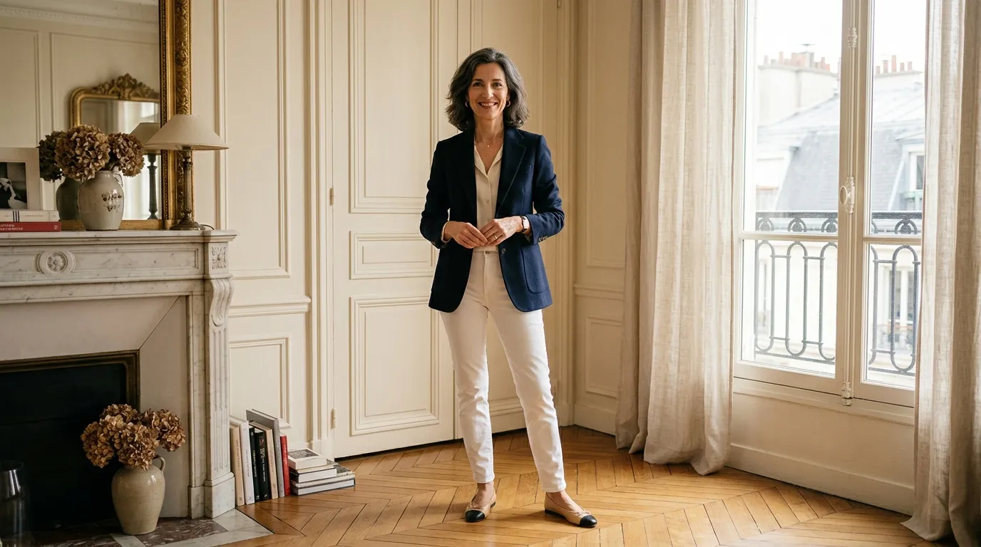 Femme en blazer bleu et pantalon blanc dans intérieur classique
