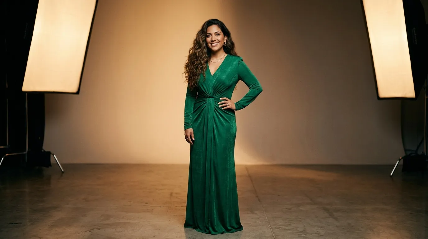 Femme souriante portant robe verte longue studio professionnel