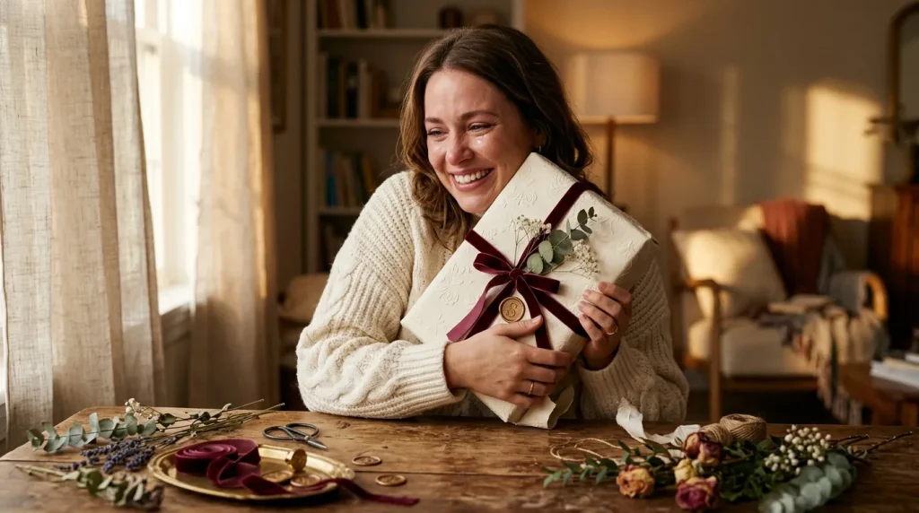 Femme souriante tenant un cadeau emballé avec ruban bordeaux