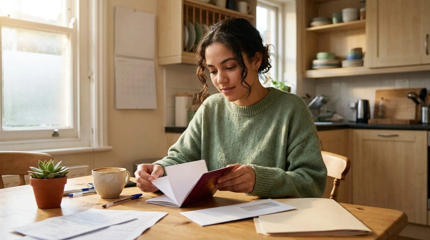 Femme en pull vert lisant une lettre à sa table