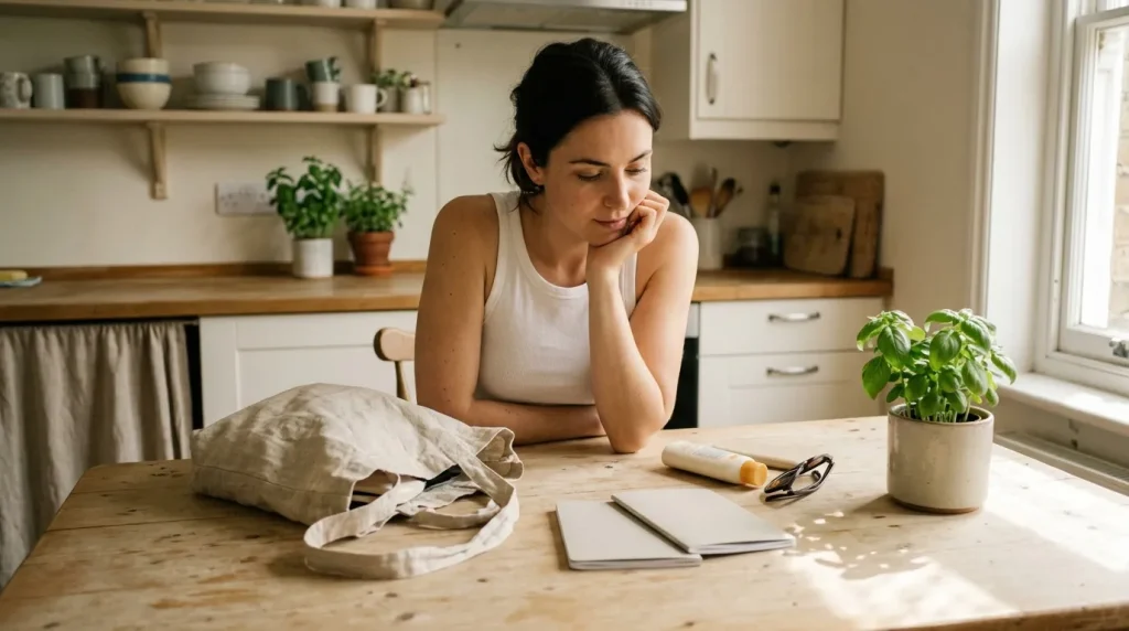 Femme assise à une table en bois, pensée, cuisine ensoleillée