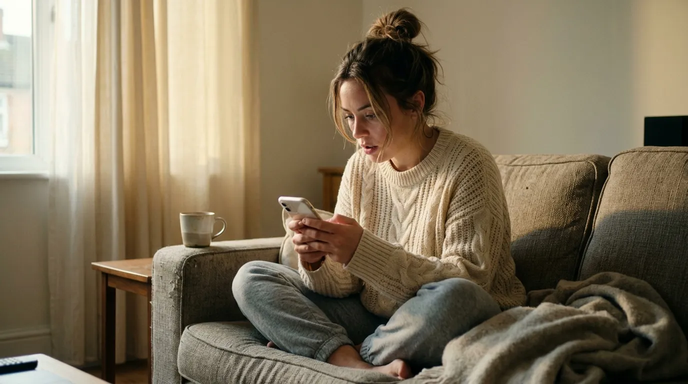 Femme assise sur un canapé utilisant son téléphone avec une tasse