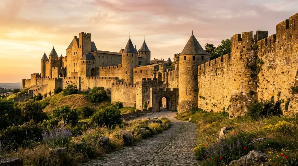 Château fortifié en pierre avec tours crénelées au coucher soleil